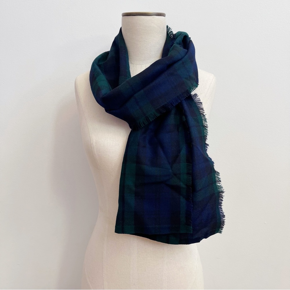 Green Blue Tartan Plaid Wool Fringe Scarf